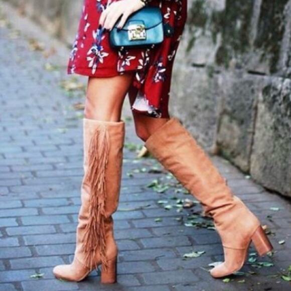 Sam Edelman Taylan Tan Leather Fringe Pull On Tall Stacked Heel Boots - Picture 1 of 13